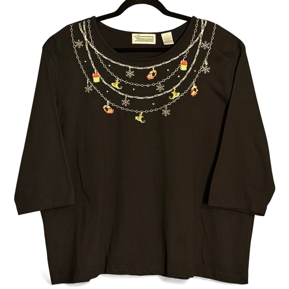 Y2K Extra Shenanigans 3X Christmas Top Black Embroidered Ornaments Plus Size